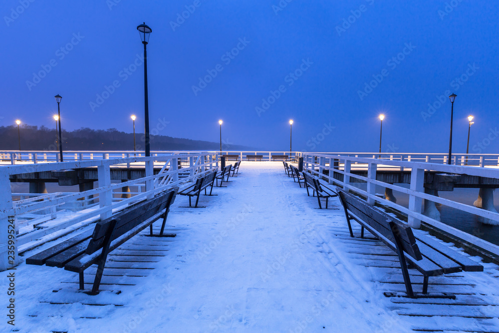 Frozen pier at Baltic Sea in Gdansk, Poland