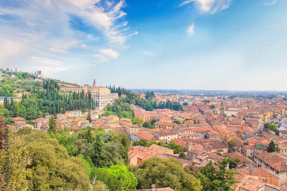 Beautiful view of the hill of San Pietro and the panorama of the city of Verona, Italy