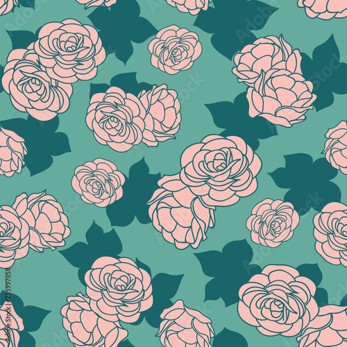 Pink green rose garden with shadow seamless vector repeat pattern