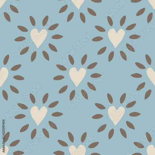 Charming folk art illustrations of glowing hearts blue gray / grey, silver and light brown seamless vector pattern that is perfect for textiles, fashion, home decor, gift wrapping paper and cards.