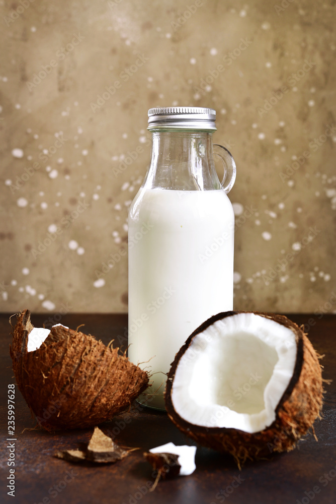 Coconut vegan milk in a bottle. Coconut vegan milk in a bottle.