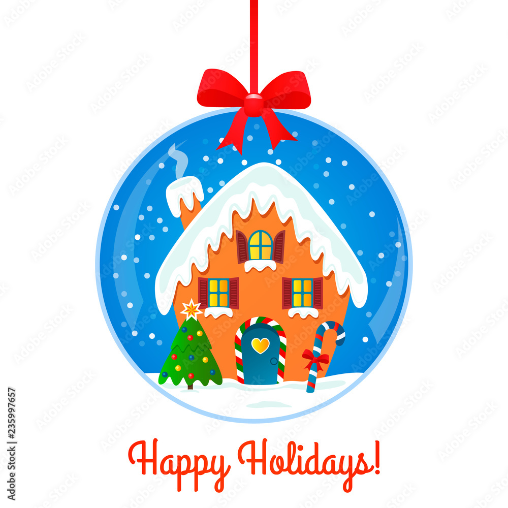 traditional glass ball with snow inside a cute santa house with a christmas tree and candy. flat vector illustration isolated on white background