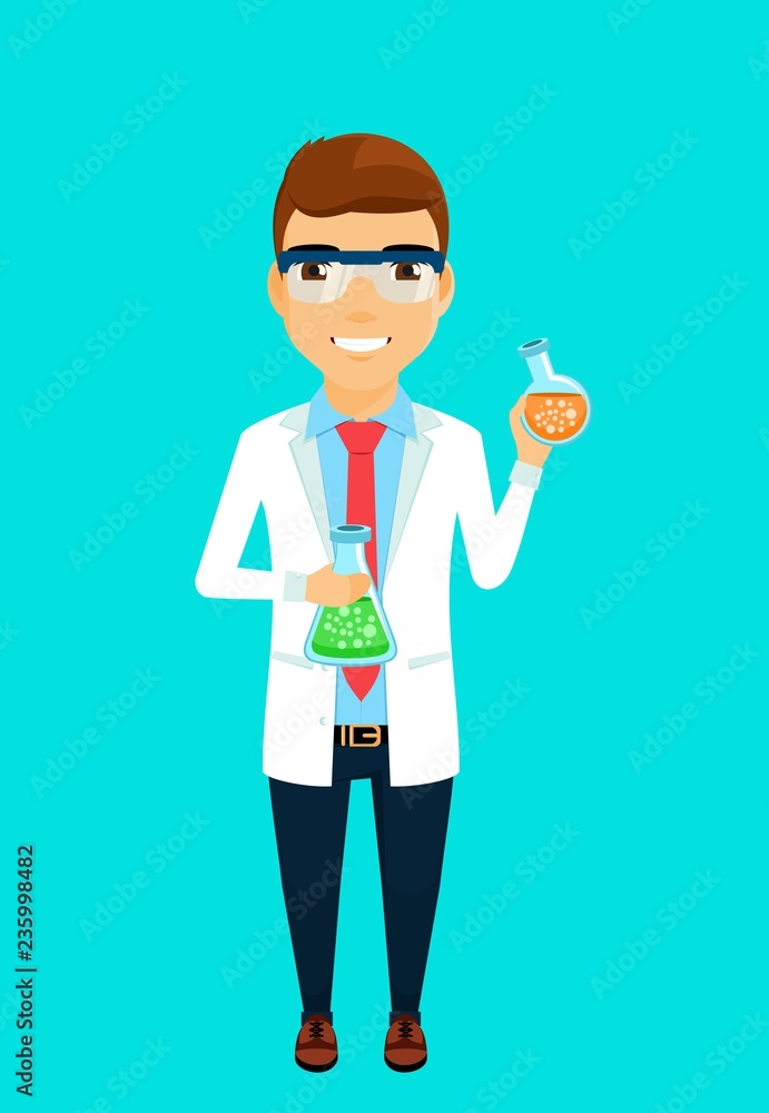 The concept of the scientist. A young scientist holding a test tube with chemicals. Flat style. Cartoon. The concept of the scientist. A young scientist holding a test tube with chemicals. Flat style. Cartoon.