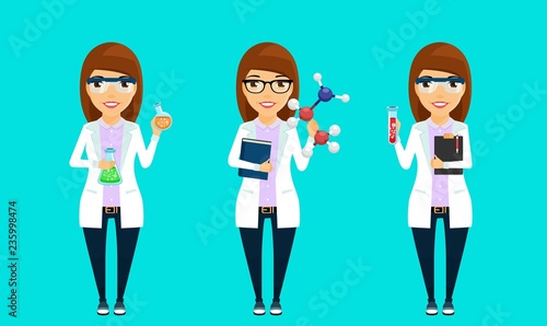 The concept of the scientist. Young scientist girl. Scientist with test tubes in his hands. Set. Flat style. Cartoon.
