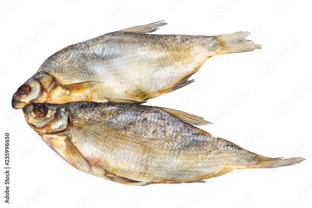 Two dried salted fish isolated on white Two dried salted fish isolated on white