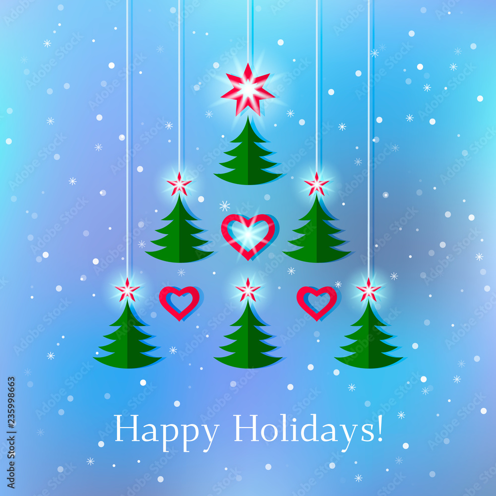 Greeting abstract New Year card or invitation. set of shiny Christmas trees with stars and hearts, snowflakes. vector illustration