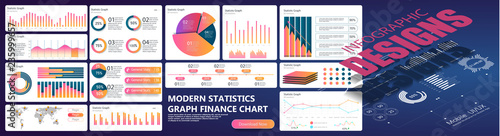 	 Vector modern infographic background with statistic diagrams, graphs, charts. Template for web, presentations, reports, visualizations. Global swatches.