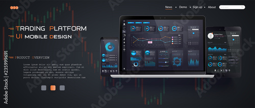 Mobile app infographic template with modern design weekly and annual statistics graphs. Stock exchange market graph on smartphone