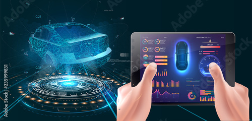 Modern concept of driving. Driving with a tablet. A hologram of the vehicle, diagnostics of the vehicle. Smart car and smartphone dashboard system data . Illustration Vector
