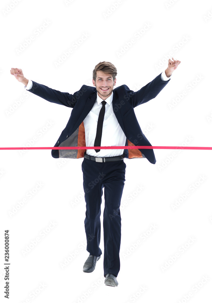 The businessman is running to go to the finish line The businessman is running to go to the finish line