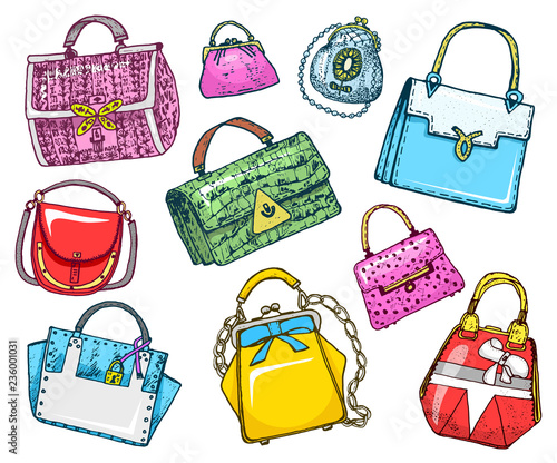 Women s bags. Vintage style. Hand drawn doodle fashion accessories. Set of Patch and Pins.