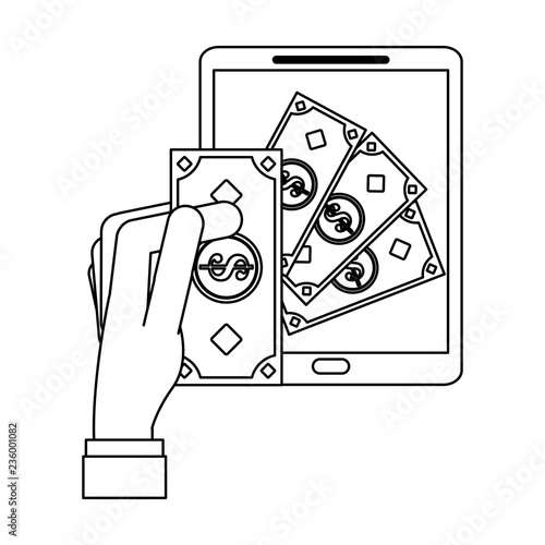 Money online wit smartphone black and white