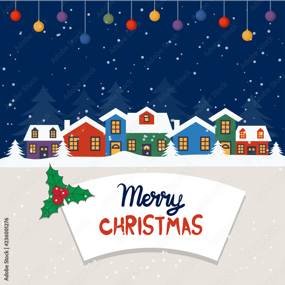 Merry Christmas and Happy New Year winter holidays greeting card with holidays objects. Vector illustration