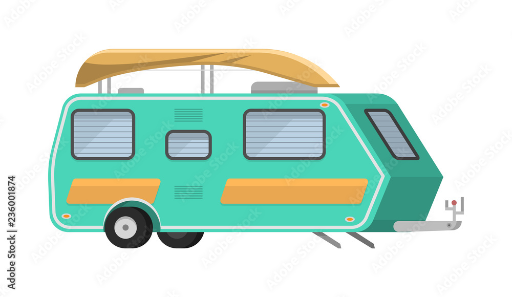 Naklejka premium Trailers or family RV camping caravan. Tourist bus and tent for outdoor recreation and travel. Mobile home truck. Suv Car Crossover. Tourist transport, road trip, recreational vehicles.