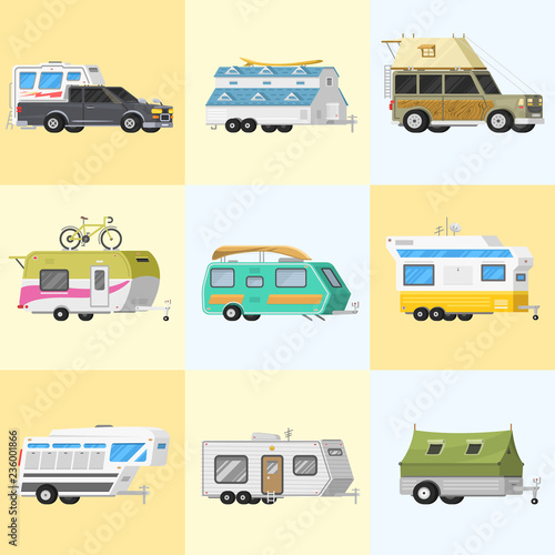 A set of trailers or family RV camping caravan. Tourist bus and tent for outdoor recreation and travel. Mobile home truck. Suv Car Crossover. Tourist transport, road trip, recreational vehicles.