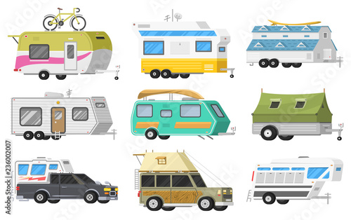 A set of trailers or family RV camping caravan. Tourist bus and tent for outdoor recreation and travel. Mobile home truck. Suv Car Crossover. Tourist transport, road trip, recreational vehicles.