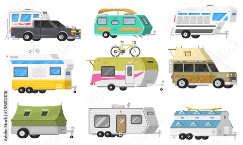 A set of trailers or family RV camping caravan. Tourist bus and tent for outdoor recreation and travel. Mobile home truck. Suv Car Crossover. Tourist transport, road trip, recreational vehicles.