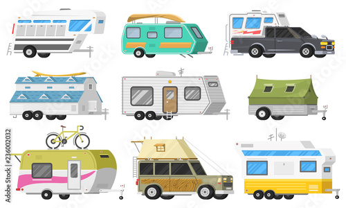 A set of trailers or family RV camping caravan. Tourist bus and tent for outdoor recreation and travel. Mobile home truck. Suv Car Crossover. Tourist transport, road trip, recreational vehicles.
