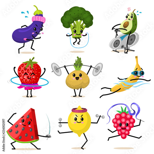 Sports fruit characters. Set of Cute healthy vegetables and funny face berries. Happy food strawberry eggplant banana watermelon broccoli avocado turnip. vegetarian vitamin diet and fitness concept.