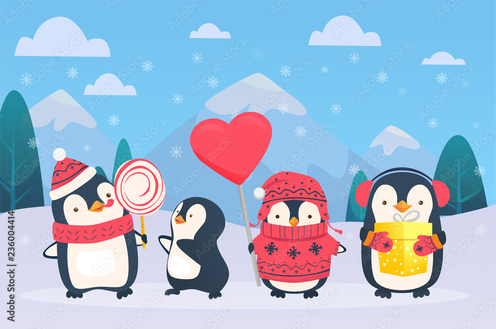 Fototapeta premium christmas penguins on snowy background