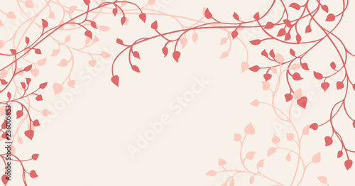Pretty spring background with climbing ivy vine border design, pastel pink and red plant leaves in elegant background frame