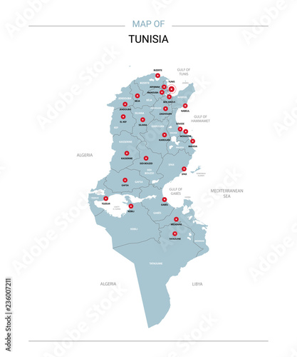 Tunisia vector map. Editable template with regions  cities  red pins and blue surface on white background. 