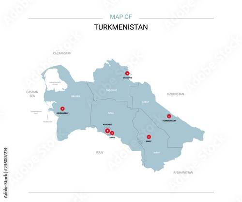 Turkmenistan vector map. Editable template with regions, cities, red pins and blue surface on white background. 