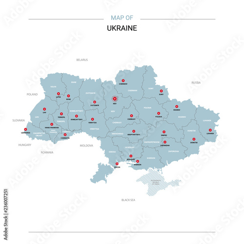 Ukraine vector map. Editable template with regions, cities, red pins and blue surface on white background. 
