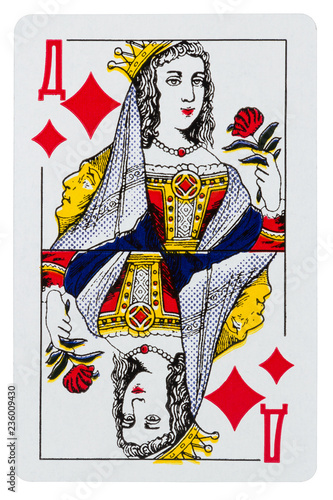 Playing card Queen of diamonds isolated on white