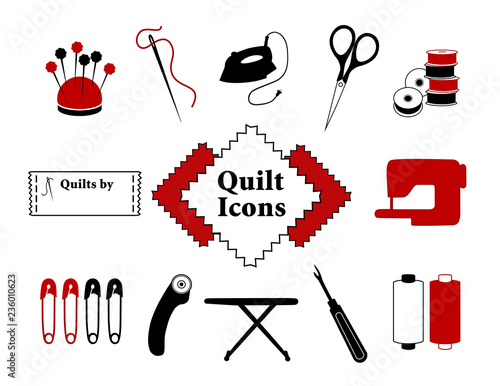 Quilt, patchwork, sewing, DIY icons, needle, thread, iron, scissors, bobbins, sewing label, fabric, sewing machine, safety pins, rotary cutter, ironing board, seam ripper, bobbins.