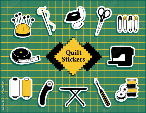 Quilt, patchwork, sewing, DIY stickers, pincushion, needle, thread, iron, scissors, tape measure, fabric, sewing machine, bobbins,  rotary cutter, ironing board, seam ripper, green cutting mat