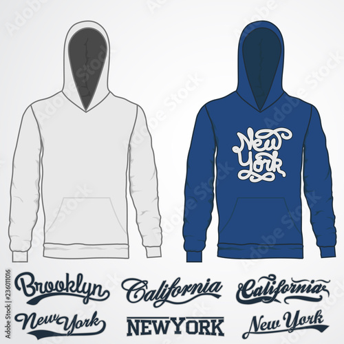 Hoody fashion, sweatshirt template. Realistic outerwear clothes mockup front view.