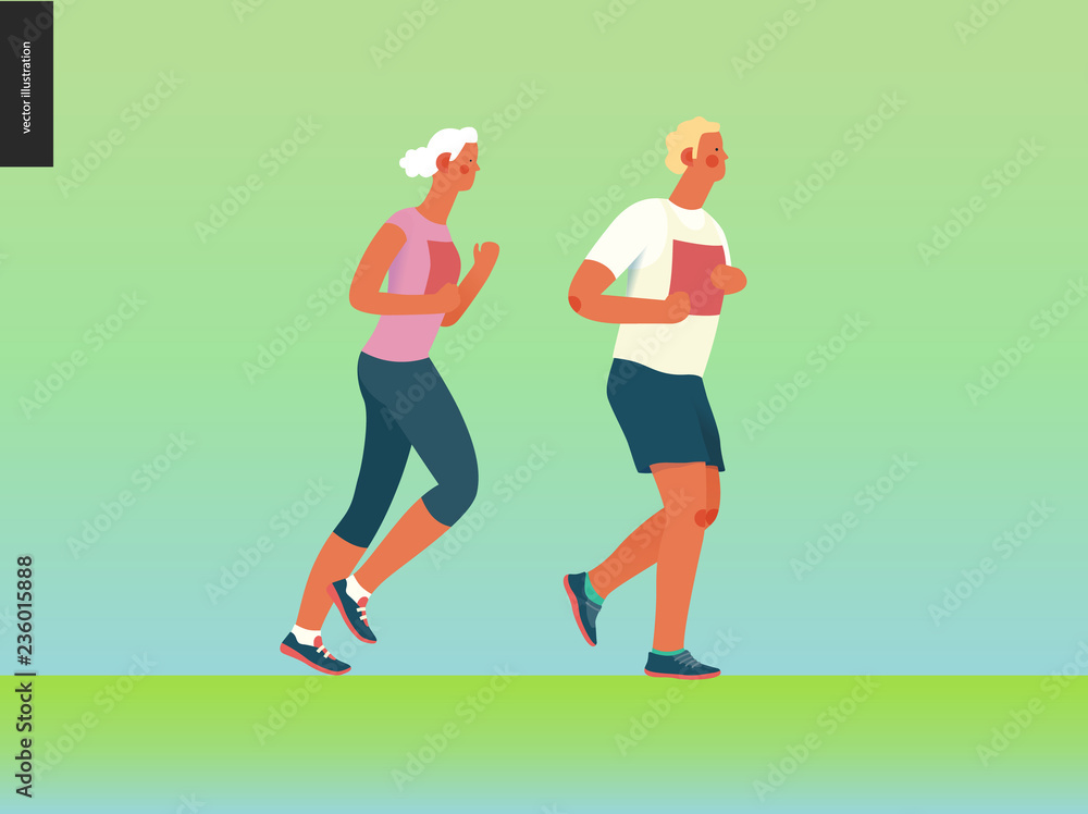 Fototapeta premium Marathon race group - flat modern vector concept illustration of running men and women wearing sportswer. Marathon race, 5k run, sprint. Creative landing page design template, web banner