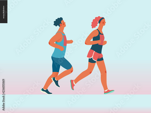 Marathon race group - flat modern vector concept illustration of running men and women wearing sportswer. Marathon race  5k run  sprint. Creative landing page design template  web banner