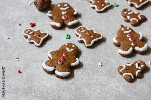 Homemade Decorated Gingerbread man cookies with icing / Christmas concept