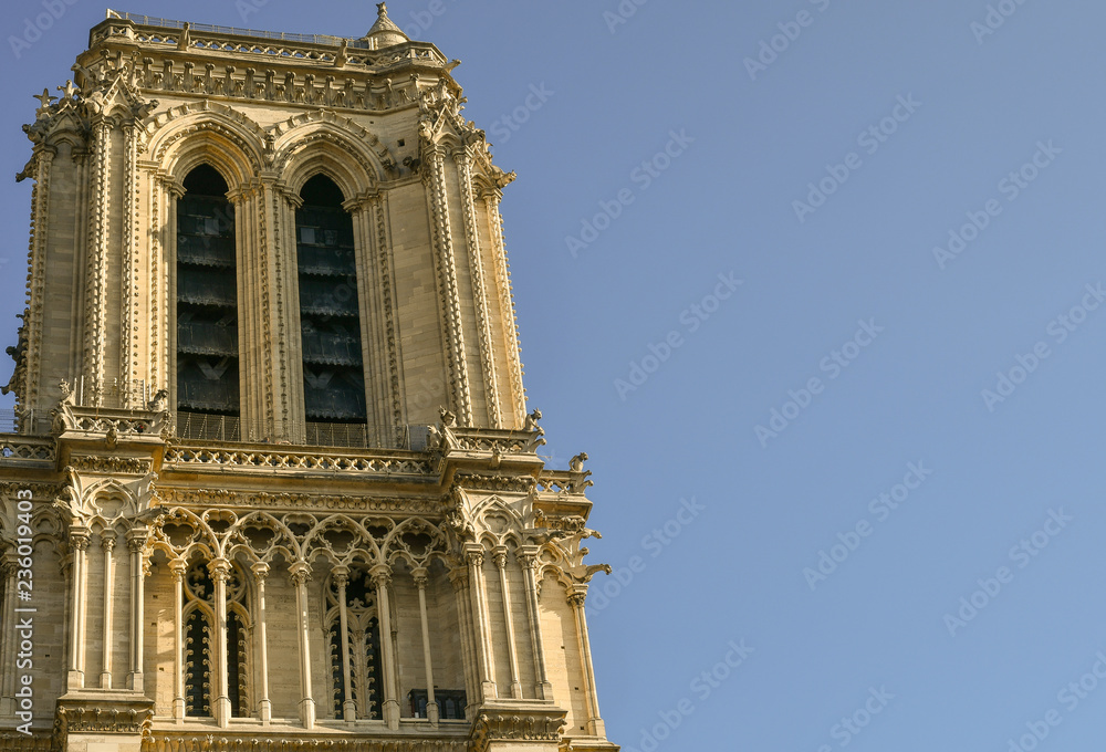 Close up of the south tower of Notre Dame de Paris, where are located the ten bells of the cathedral
