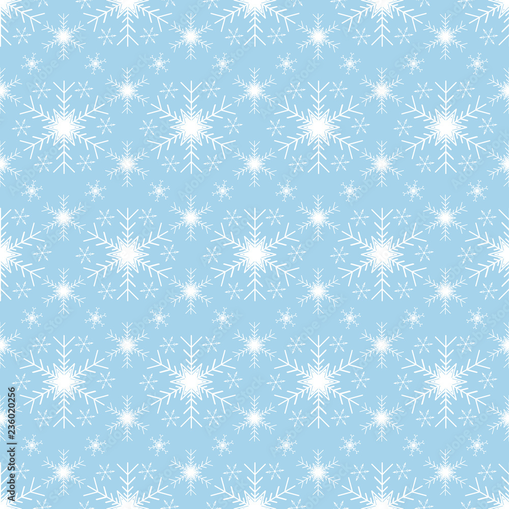 Vector seamless pattern of white snowflakes on a light blue backgroun. Seamless pattern vector illustration. Vector seamless pattern of white snowflakes on a light blue backgroun. Seamless pattern vector illustration.