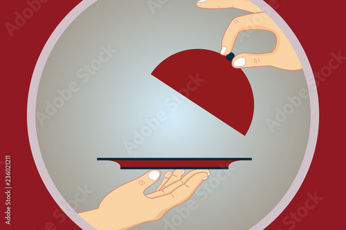 Design business concept Empty copy space modern abstract background. Hu analysis Hands Serving Tray Platter and Lifting the Lid inside Color Circle