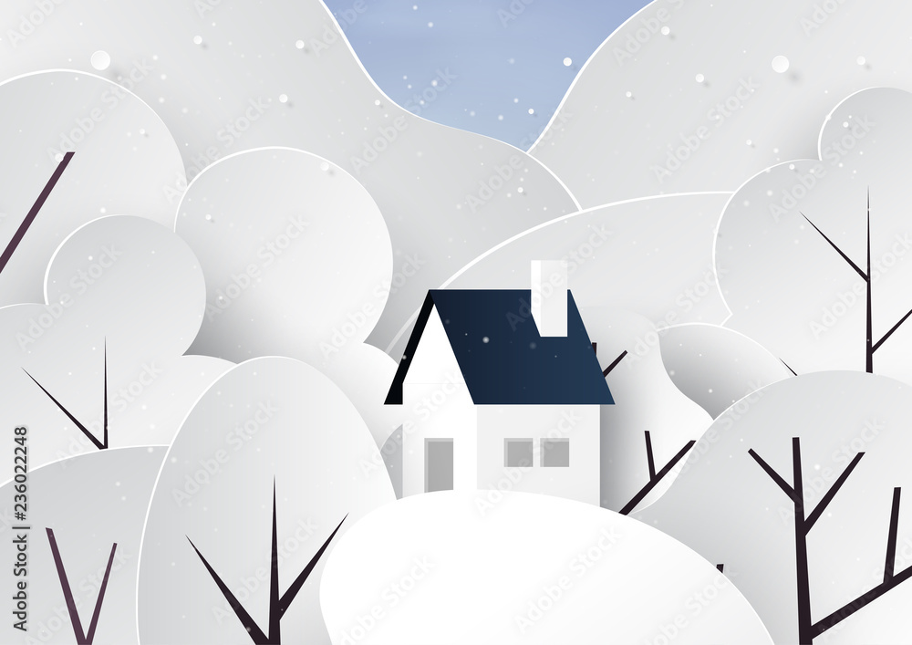 Snow,white house and winter season landscape background for merry christmas and happy new year paper art style.Vector illustration.
