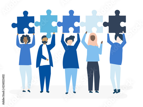 Diverse people holding different puzzle pieces illustration