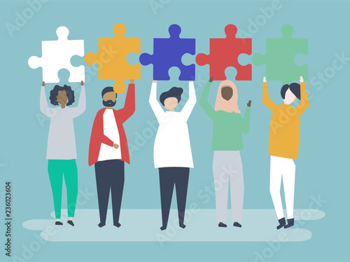 Diverse people holding different puzzle pieces illustration