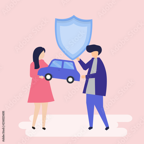 Characters of a couple holding a car and shield illustration