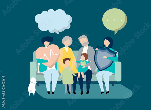 Characters of an extended family with healthcare illustration