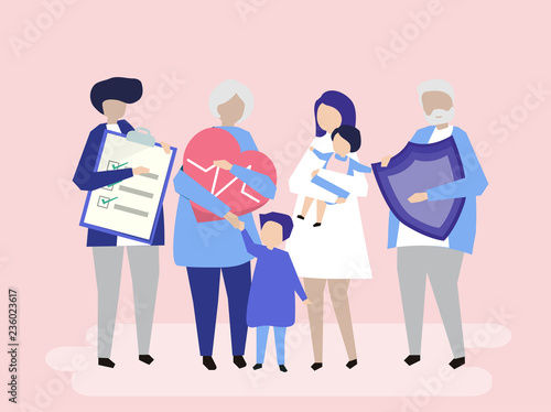 Characters of an extended family with healthcare illustration