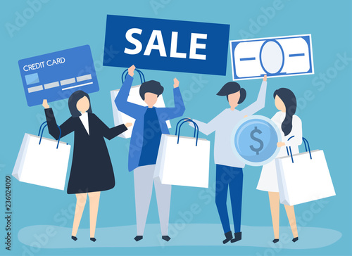 Characters of people holding shopping icons illustration