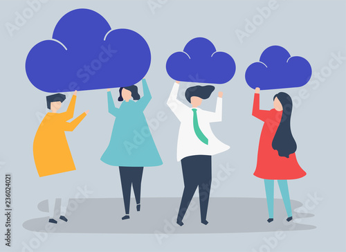 Characters of business people holding cloud icons illustration