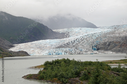 Mendenhall Glacier and Valley, Alaska, photographed from the Visitor Center on an overcast summer day.