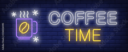 Coffee time neon text and cup with hot drink. Winter and cafe advertisement design. Night bright neon sign, colorful billboard, light banner. Vector illustration in neon style.