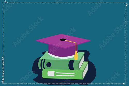 Design business concept Empty template copy space text for Ad website isolated. Color Graduation Hat with Tassel 3D Academic cap Vector Resting on Books photo