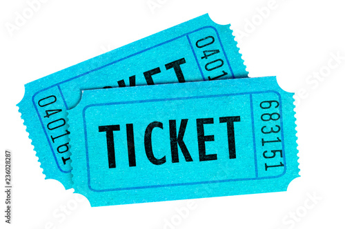 Two blue cinema tickets isolated white